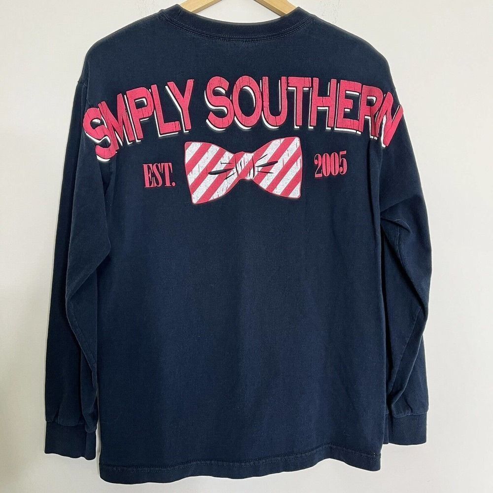 Vintage Simply Southern Shirt Womens Medium Blue Pink‎ Long Sleeve Bow Spell Out